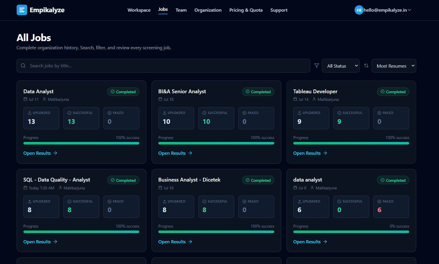 Empikalyze jobs dashboard showing screening history, resume counts, and processing status