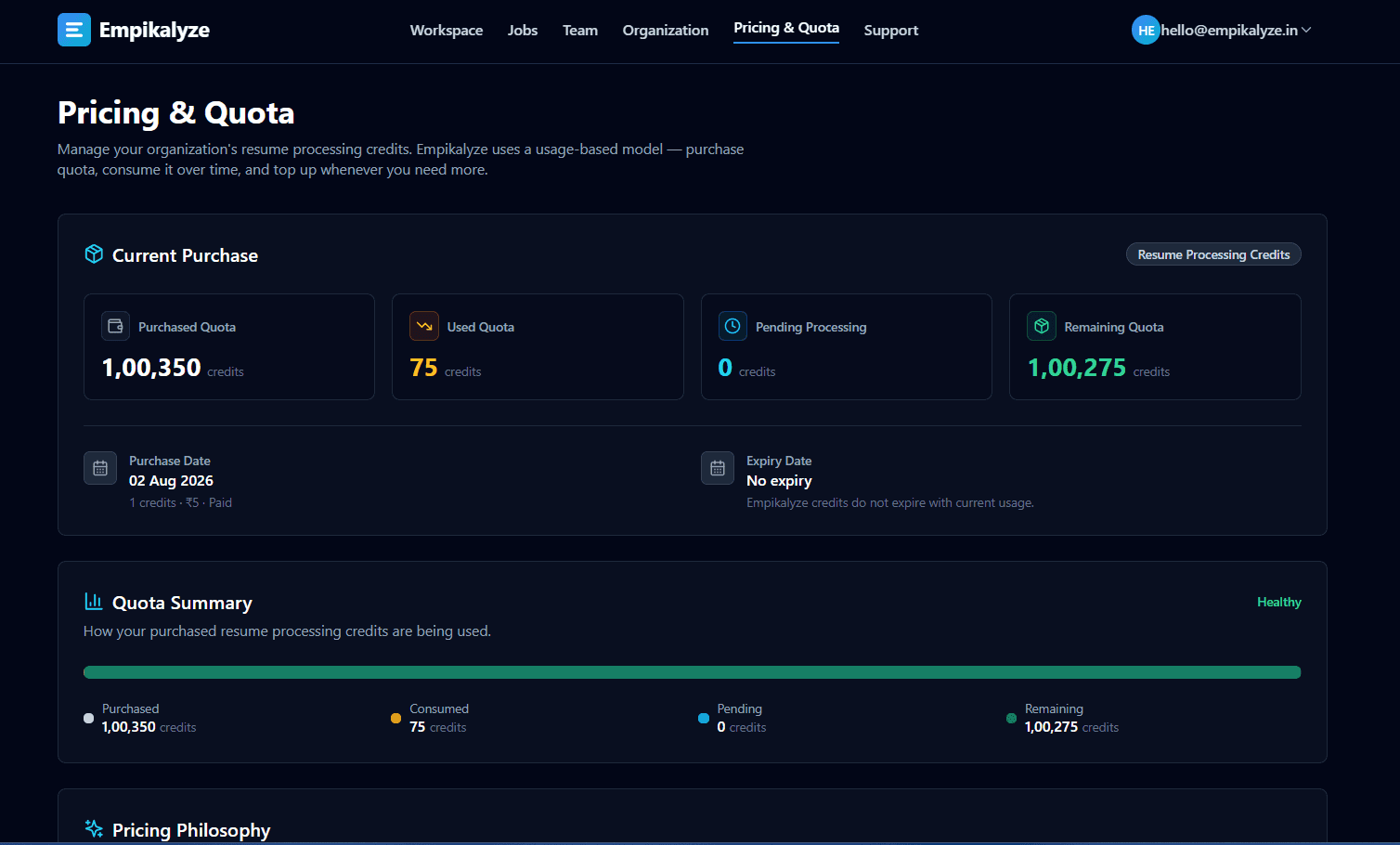 Empikalyze pricing and quota dashboard showing resume processing credits and usage