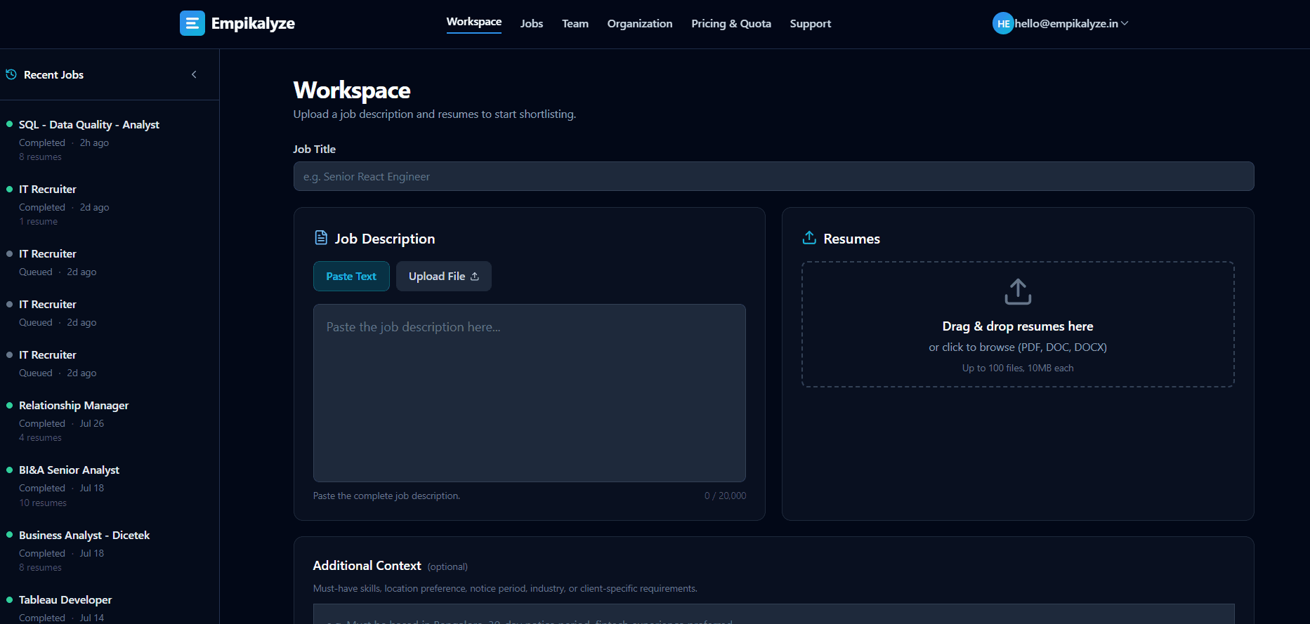 Empikalyze workspace for uploading job descriptions and resumes for AI screening