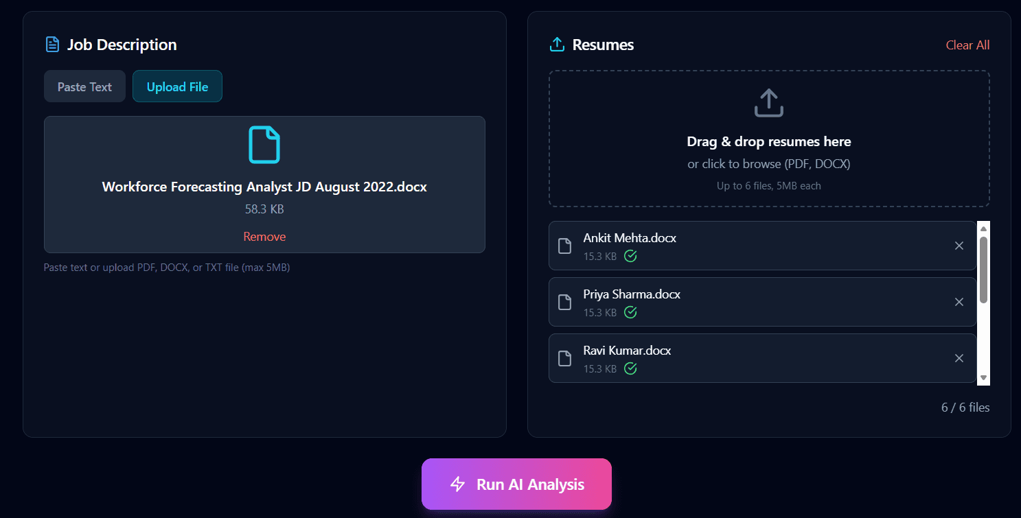 AI resume screening interface uploading resumes